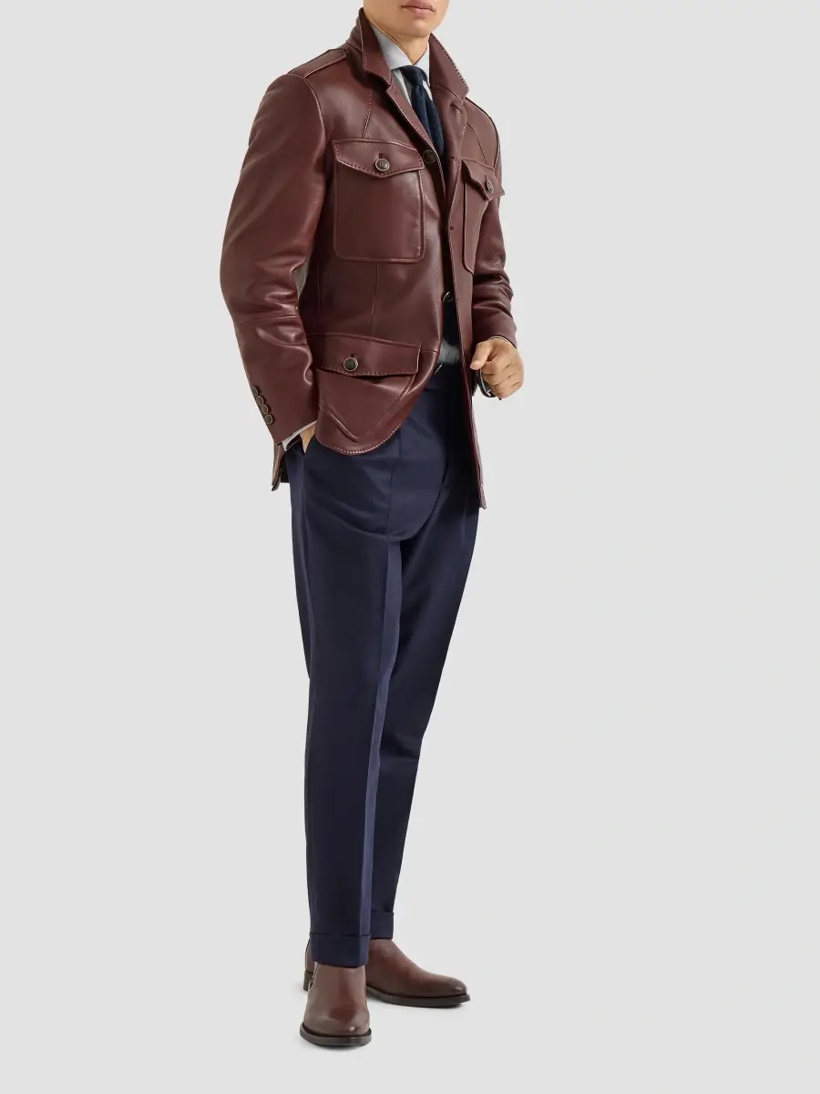Brunello Cucinelli Men's Polished Nappa Leather Utility Blazer Jacket | Thumbnail 2 Brunello Cucinelli Men's Polished Nappa Leather Utility Blazer Jacket | Thumbnail 2