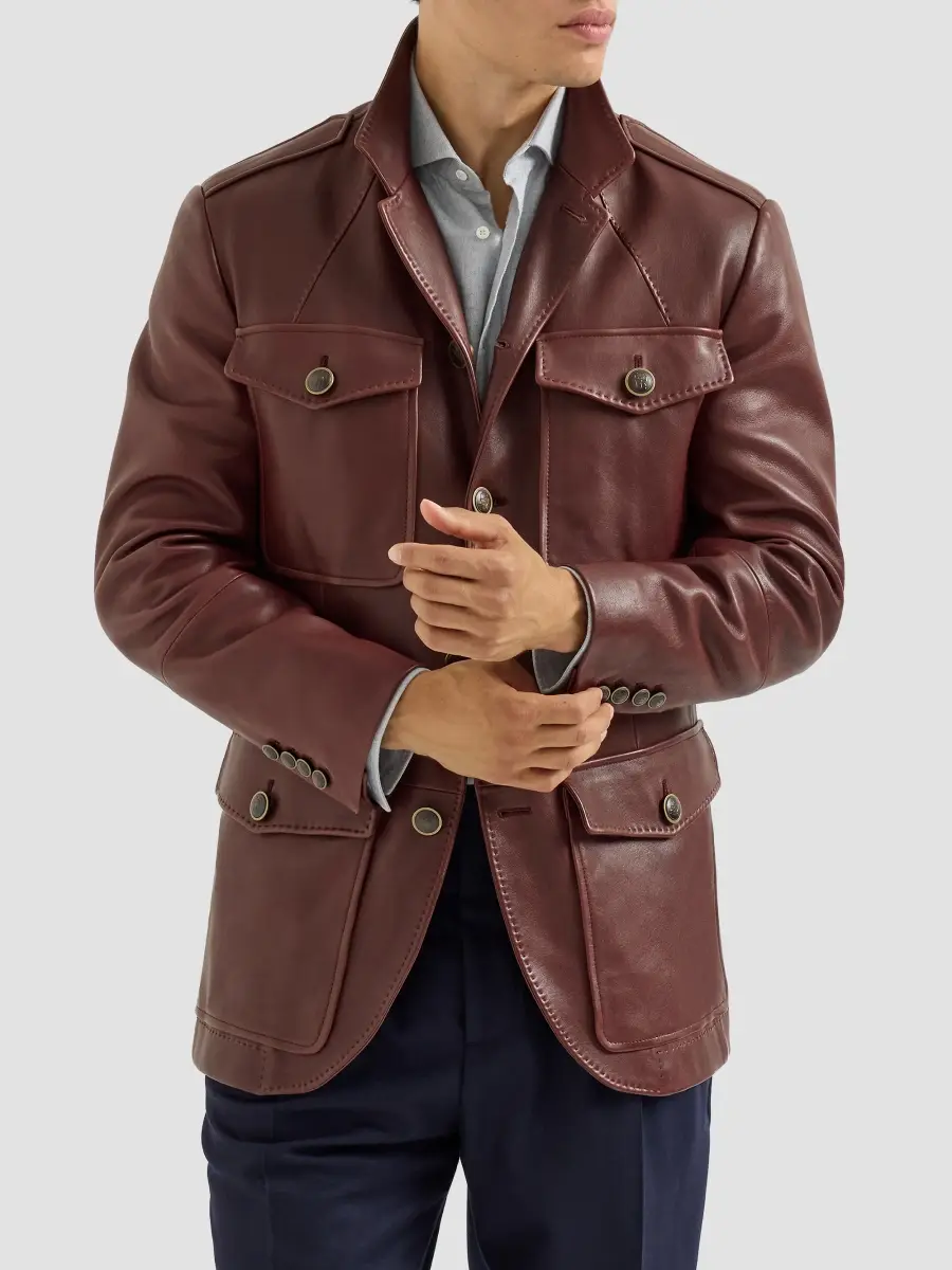 Brunello Cucinelli Men's Polished Nappa Leather Utility Blazer Jacket | Thumbnail 3 Brunello Cucinelli Men's Polished Nappa Leather Utility Blazer Jacket | Thumbnail 3