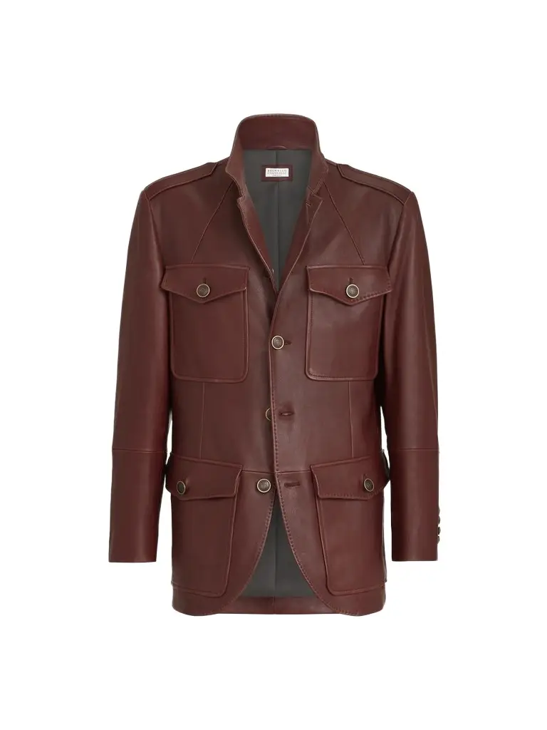 Brunello Cucinelli Men's Polished Nappa Leather Utility Blazer Jacket