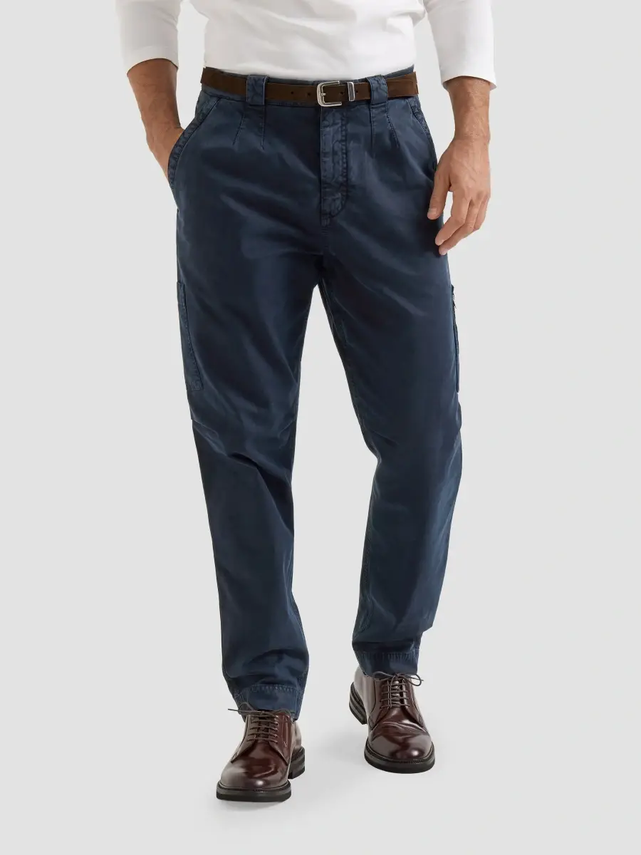 Brunello Cucinelli Men's Peached Cotton Gabardine Trousers with Zipped Pocket - Navy Blue | Thumbnail 3