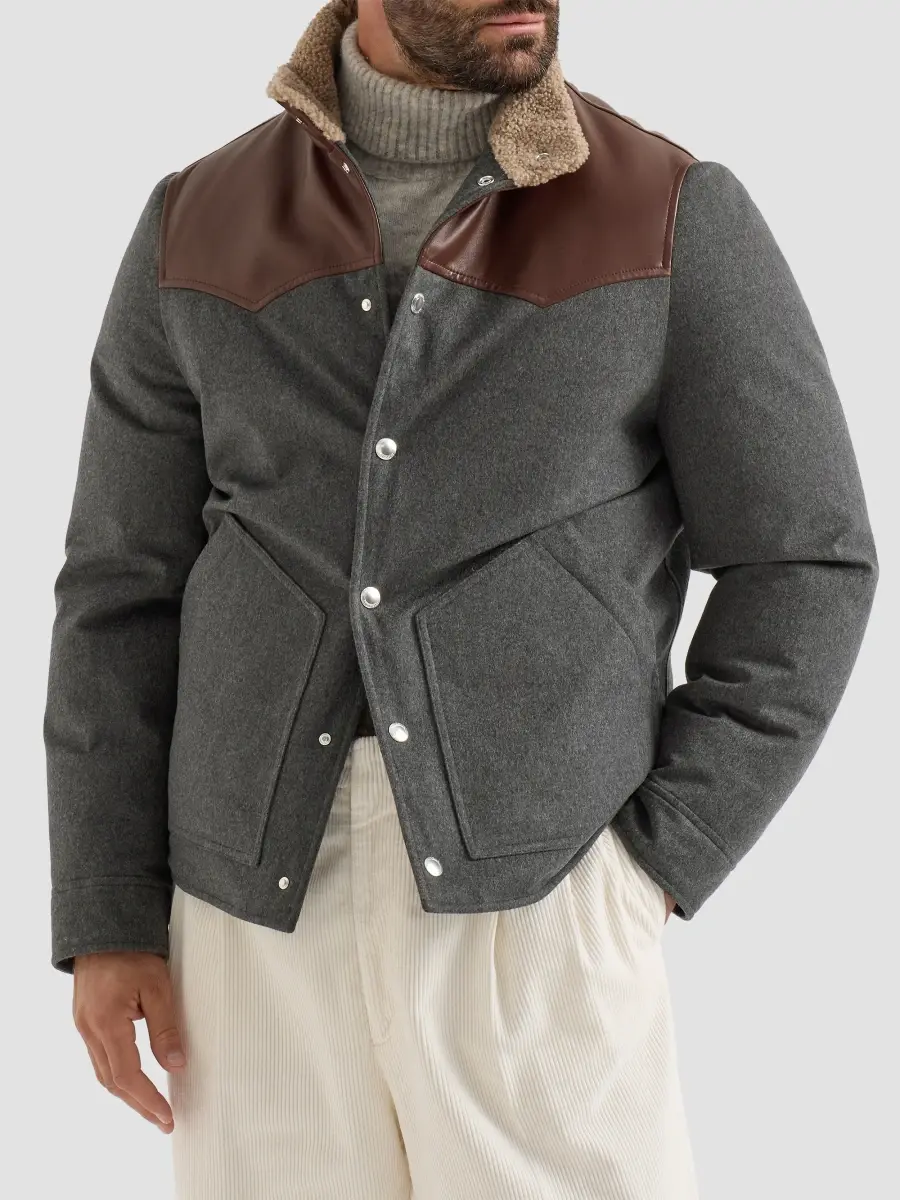 Brunello Cucinelli Men's Bonded Wool Flannel Paneled Down Jacket with Shearling Collar - Dark Grey | Thumbnail 2 Brunello Cucinelli Men's Bonded Wool Flannel Paneled Down Jacket with Shearling Collar - Dark Grey | Thumbnail 2