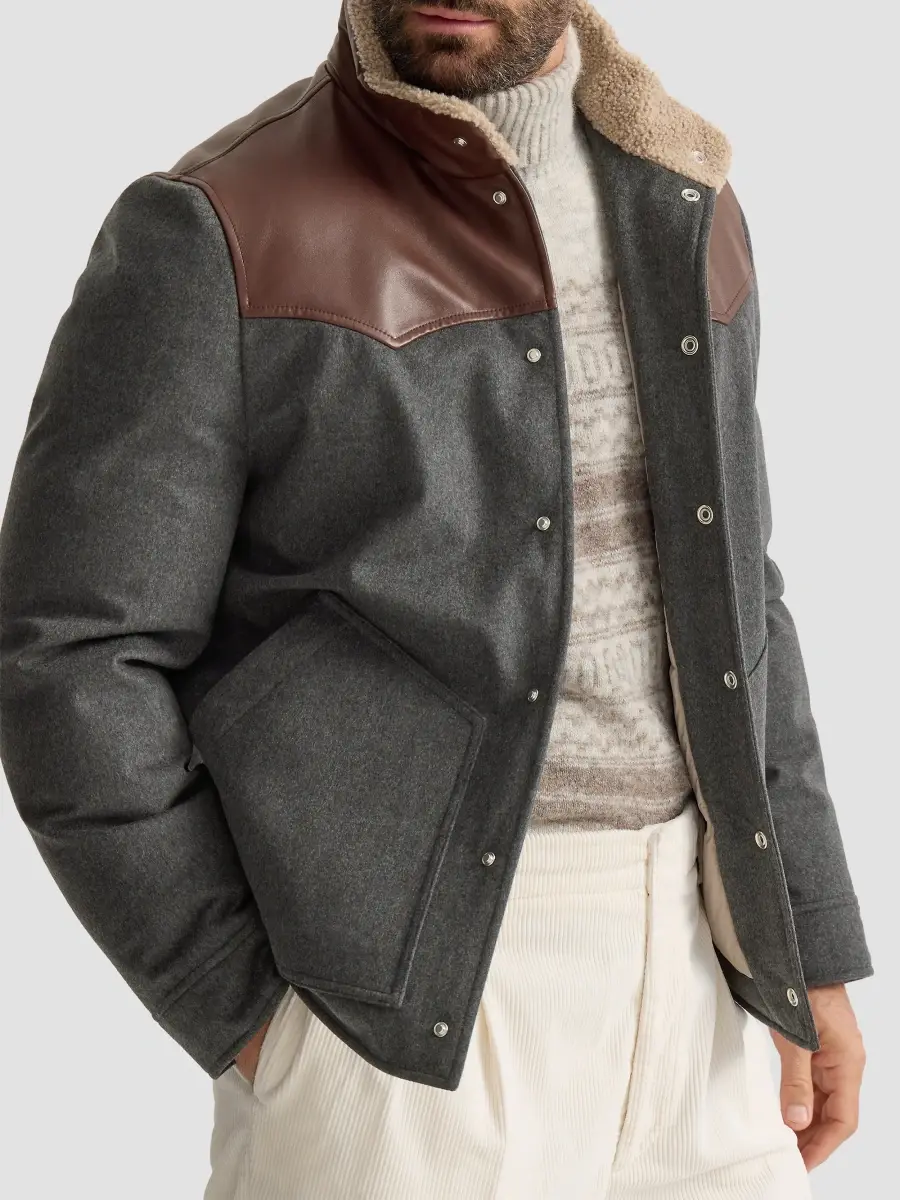 Brunello Cucinelli Men's Bonded Wool Flannel Paneled Down Jacket with Shearling Collar - Dark Grey | Thumbnail 3 Brunello Cucinelli Men's Bonded Wool Flannel Paneled Down Jacket with Shearling Collar - Dark Grey | Thumbnail 3