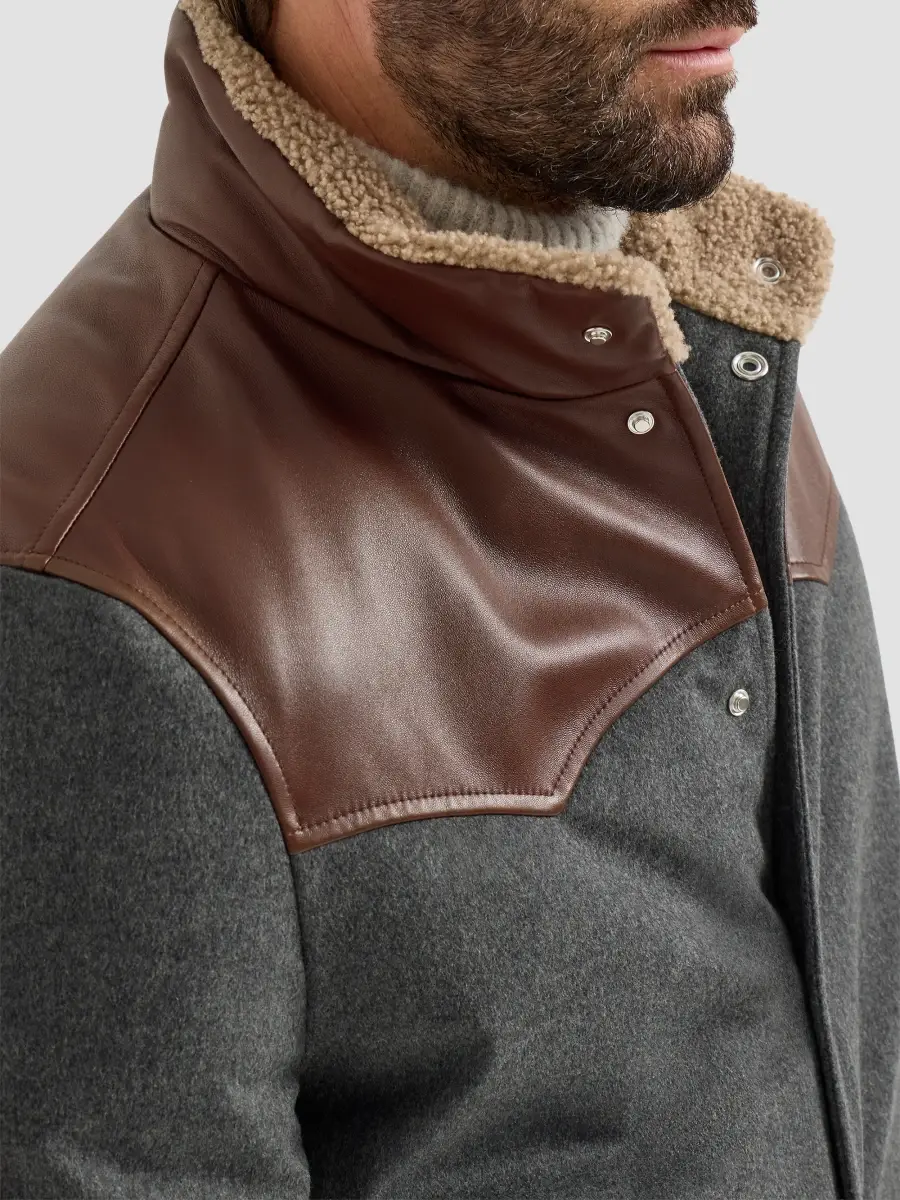 Brunello Cucinelli Men's Bonded Wool Flannel Paneled Down Jacket with Shearling Collar - Dark Grey | Thumbnail 5 Brunello Cucinelli Men's Bonded Wool Flannel Paneled Down Jacket with Shearling Collar - Dark Grey | Thumbnail 5