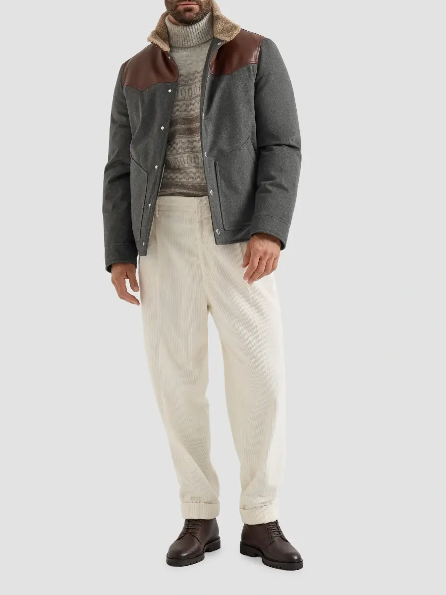 Brunello Cucinelli Men's Bonded Wool Flannel Paneled Down Jacket with Shearling Collar - Dark Grey | Thumbnail 6 Brunello Cucinelli Men's Bonded Wool Flannel Paneled Down Jacket with Shearling Collar - Dark Grey | Thumbnail 6