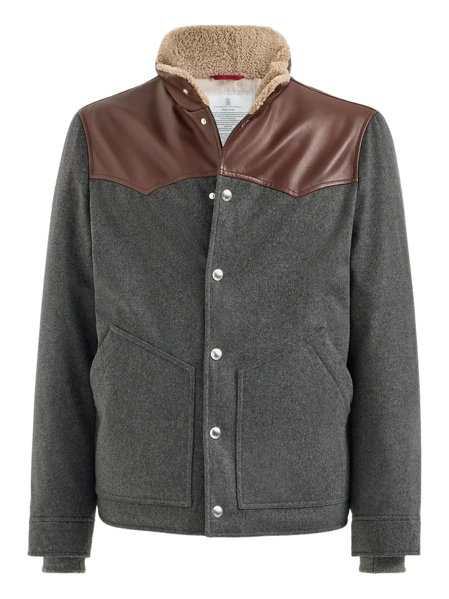 Brunello Cucinelli Men's Bonded Wool Flannel Paneled Down Jacket with Shearling Collar - Dark Grey