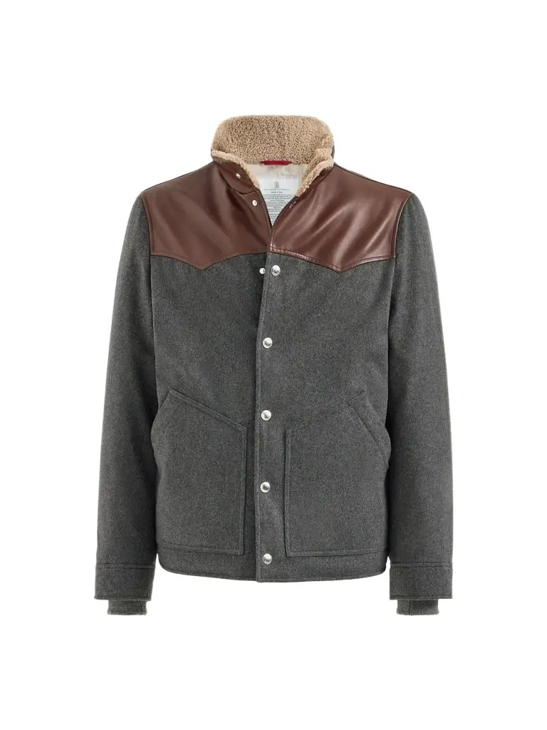Brunello Cucinelli Men's Bonded Wool Flannel Paneled Down Jacket with Shearling Collar - Dark Grey