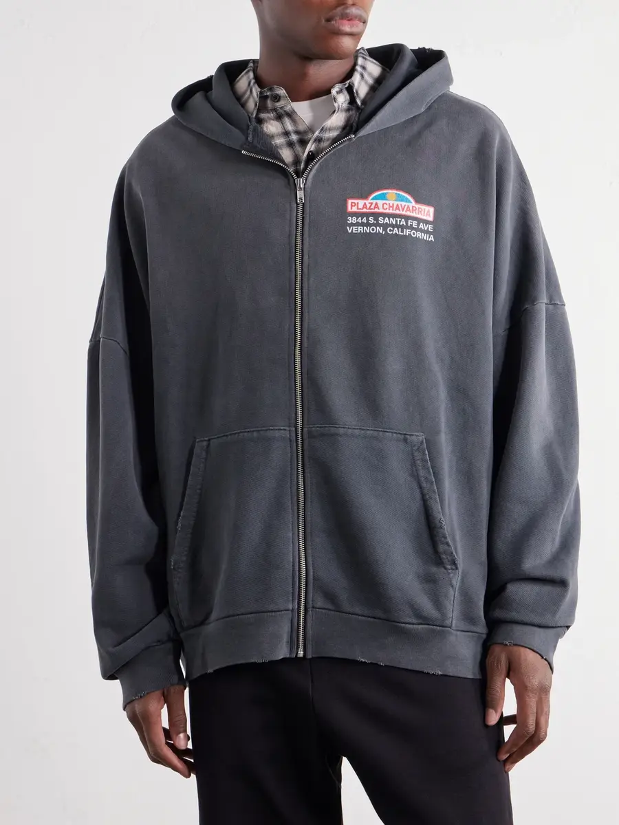 Willy Chavarria Plaza Chavarria Logo-Print Distressed Cotton-Jersey Zip-Up Hoodie - Men | Thumbnail 3 Willy Chavarria Plaza Chavarria Logo-Print Distressed Cotton-Jersey Zip-Up Hoodie - Men | Thumbnail 3