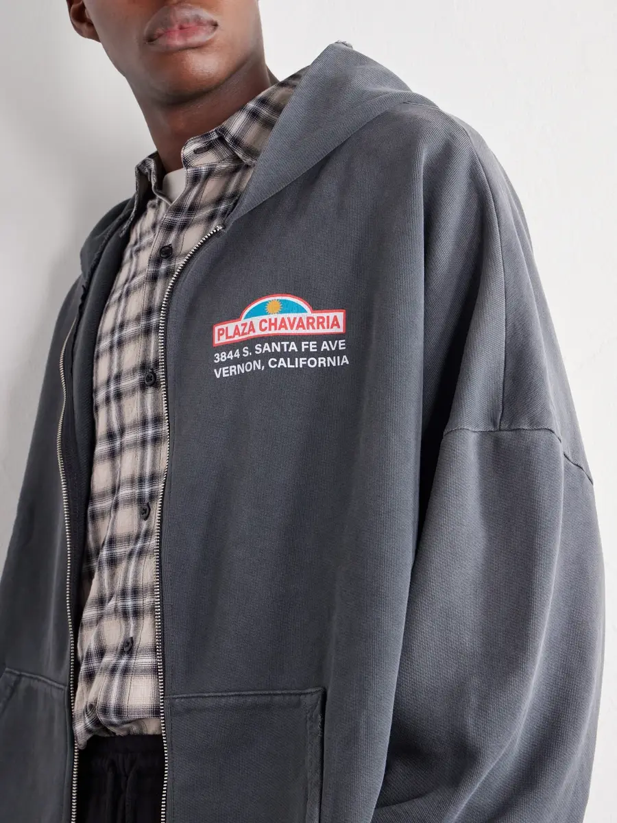 Willy Chavarria Plaza Chavarria Logo-Print Distressed Cotton-Jersey Zip-Up Hoodie - Men | Thumbnail 6 Willy Chavarria Plaza Chavarria Logo-Print Distressed Cotton-Jersey Zip-Up Hoodie - Men | Thumbnail 6