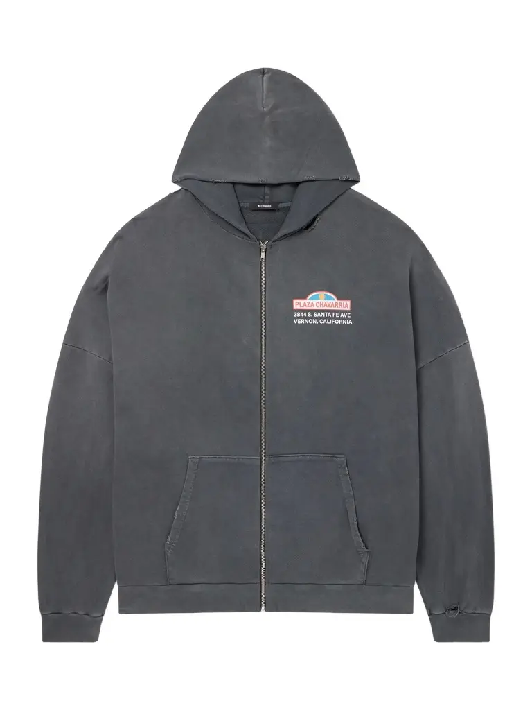 Willy Chavarria Plaza Chavarria Logo-Print Distressed Cotton-Jersey Zip-Up Hoodie - Men