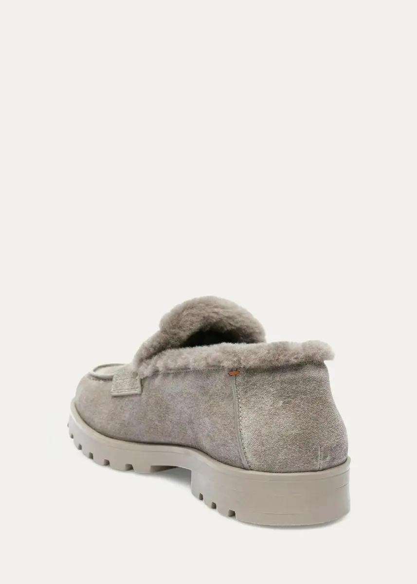 Santoni Shearling-Lined Suede Penny Loafers | Thumbnail 2 Santoni Shearling-Lined Suede Penny Loafers | Thumbnail 2