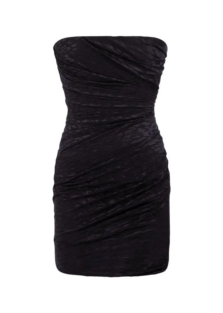Alex Perry Strapless Tucked Leopard Mesh Mini Dress