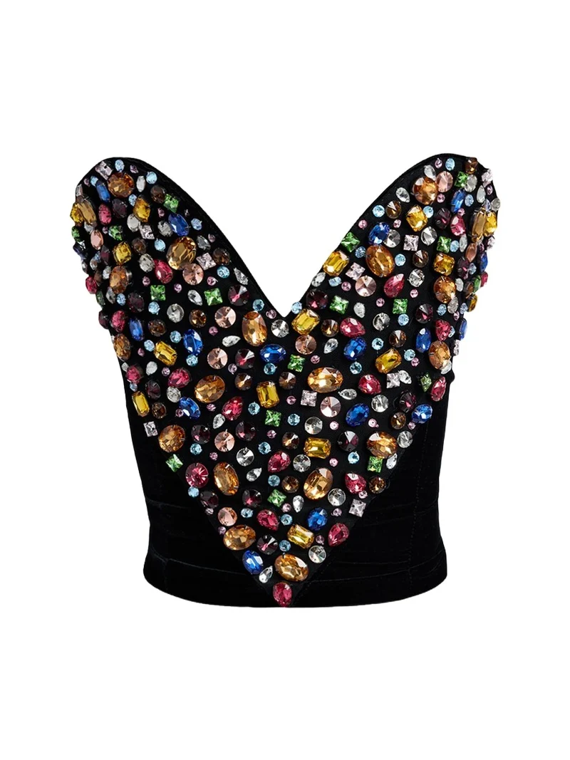 Stella McCartney Strapless Crystal Heart Embroidered Velvet Bustier Top