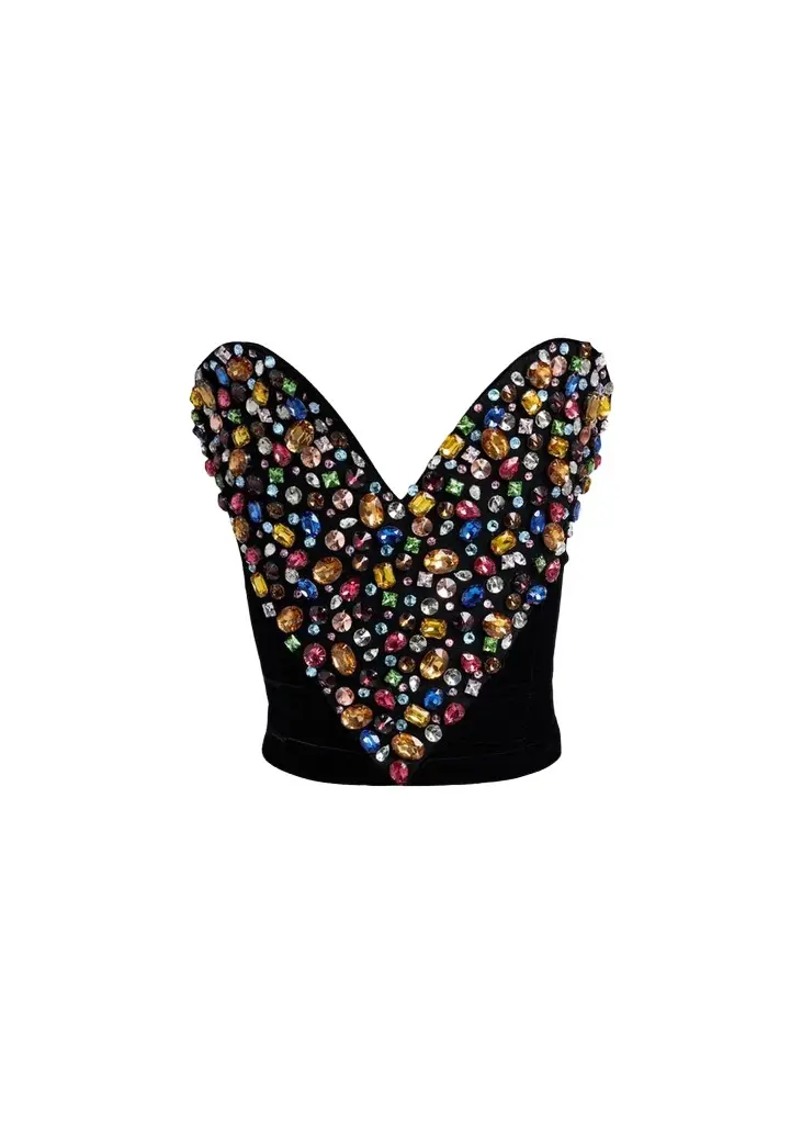 Strapless Crystal Heart Embroidered Velvet Bustier Top Strapless Crystal Heart Embroidered Velvet Bustier Top