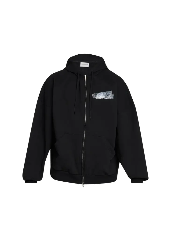 Balenciaga Men's Tape Logo Full-Zip Hoodie
