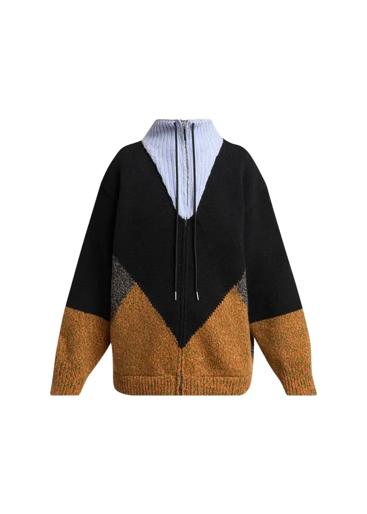 Colorblock Wool-Cashmere Drawstring Zip Jacket