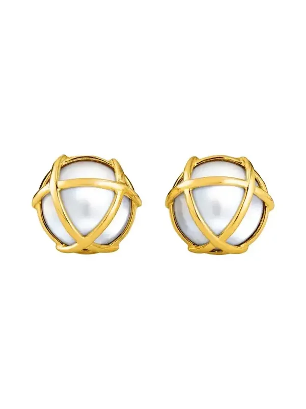 18K Yellow Gold Mabe Pearl Caged Earrings 18K Yellow Gold Mabe Pearl Caged Earrings