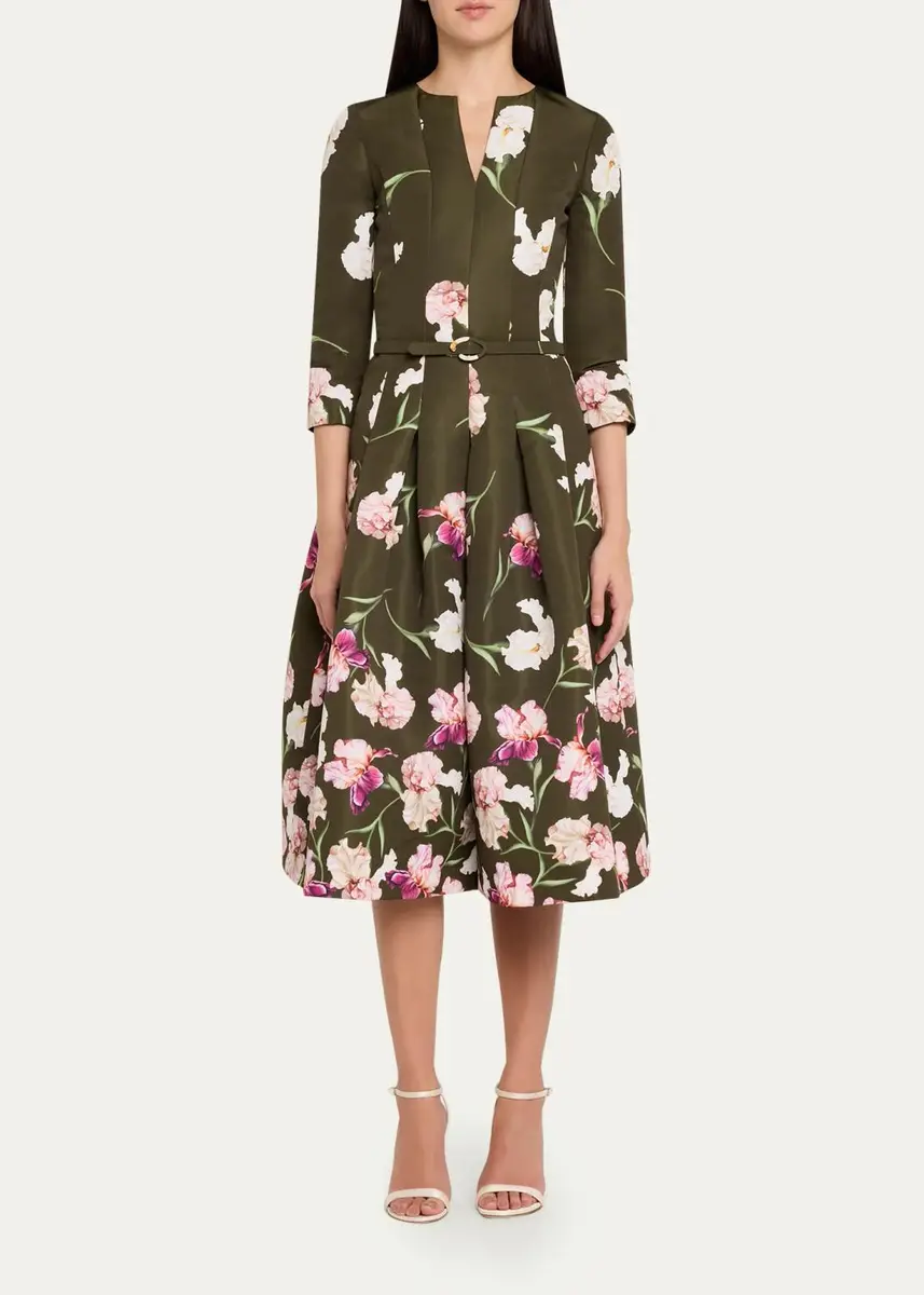 Oscar de la Renta Painted Iris Dégradé Faille Split-Neck Midi Dress | Thumbnail 2 Oscar de la Renta Painted Iris Dégradé Faille Split-Neck Midi Dress | Thumbnail 2