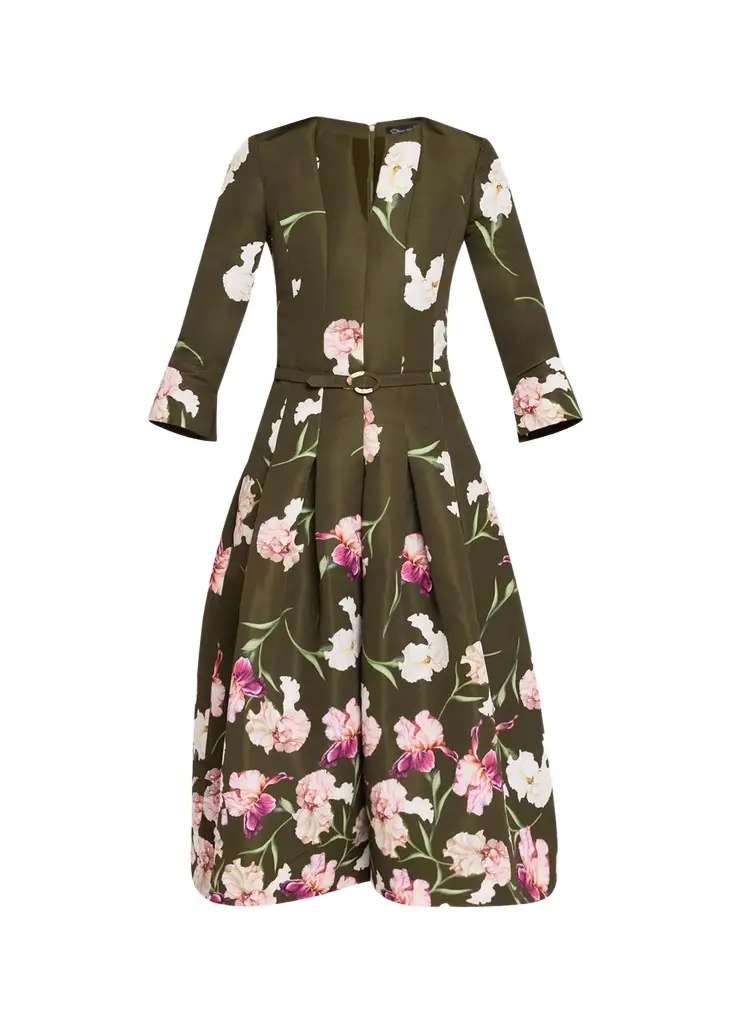 Painted Iris Dégradé Faille Split-Neck Midi Dress