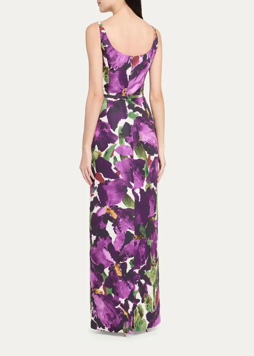 Oscar de la Renta Watercolor Iris Faille Belted Sleeveless Column Gown | Thumbnail 3 Oscar de la Renta Watercolor Iris Faille Belted Sleeveless Column Gown | Thumbnail 3