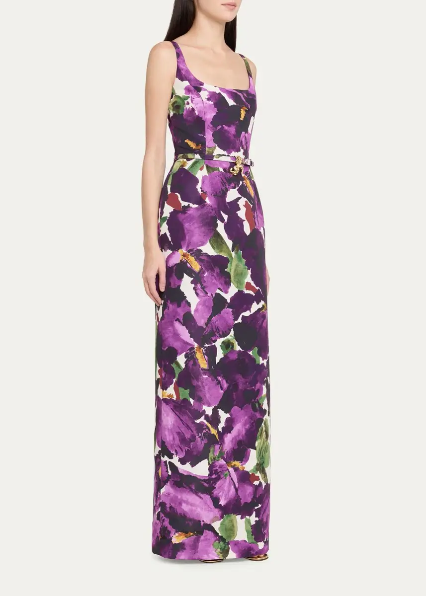 Oscar de la Renta Watercolor Iris Faille Belted Sleeveless Column Gown | Thumbnail 4 Oscar de la Renta Watercolor Iris Faille Belted Sleeveless Column Gown | Thumbnail 4