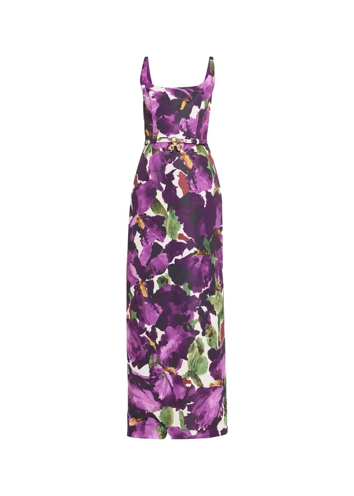 Oscar de la Renta Watercolor Iris Faille Belted Sleeveless Column Gown