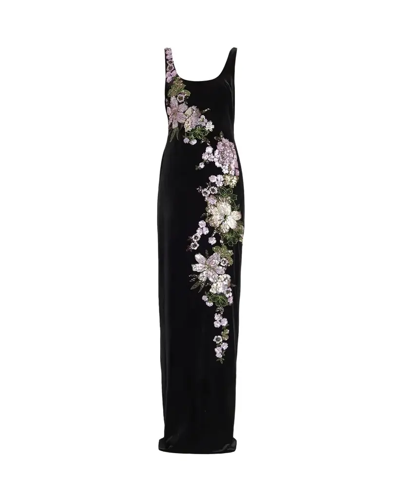 Rickie Freeman for Teri Jon Sequin Floral Velvet Column Gown