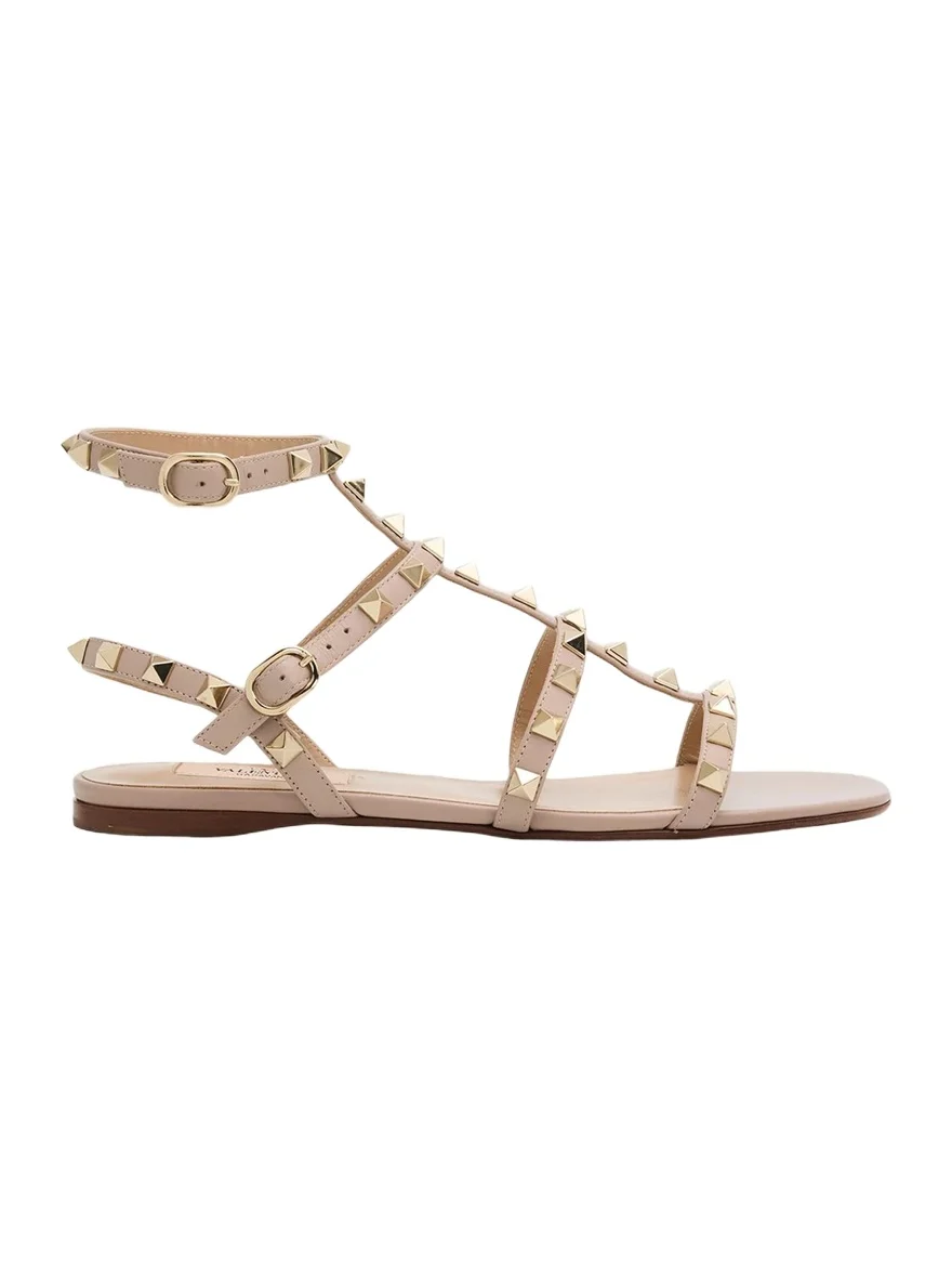 Valentino Garavani Rockstud Leather Flat Ankle-Strap Sandals