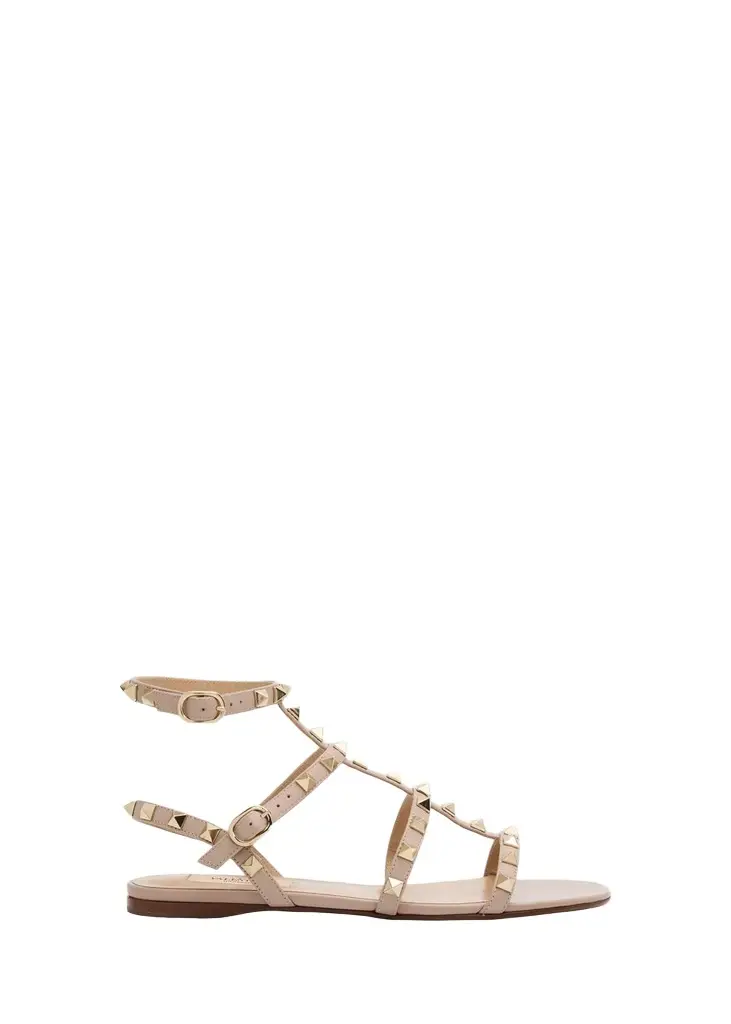 Rockstud Leather Flat Ankle-Strap Sandals