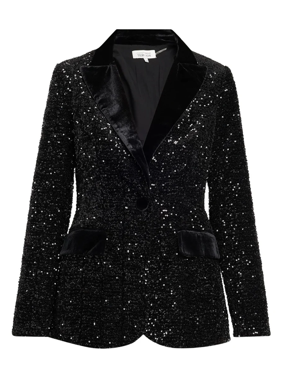 Satin-Trim Sequin Blazer Satin-Trim Sequin Blazer