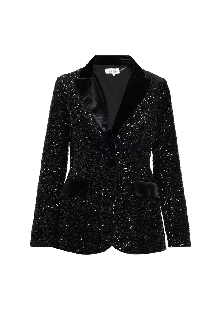 Rickie Freeman for Teri Jon Satin-Trim Sequin Blazer