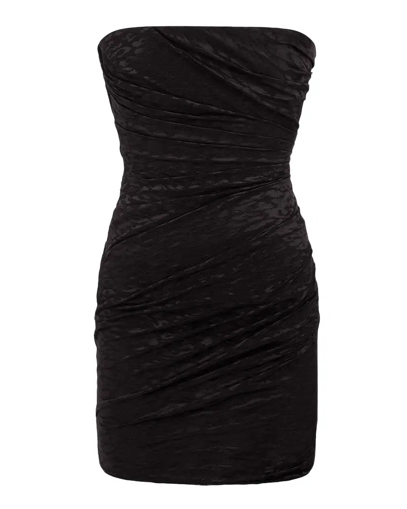 Alex Perry Strapless Tucked Leopard Mesh Mini Dress