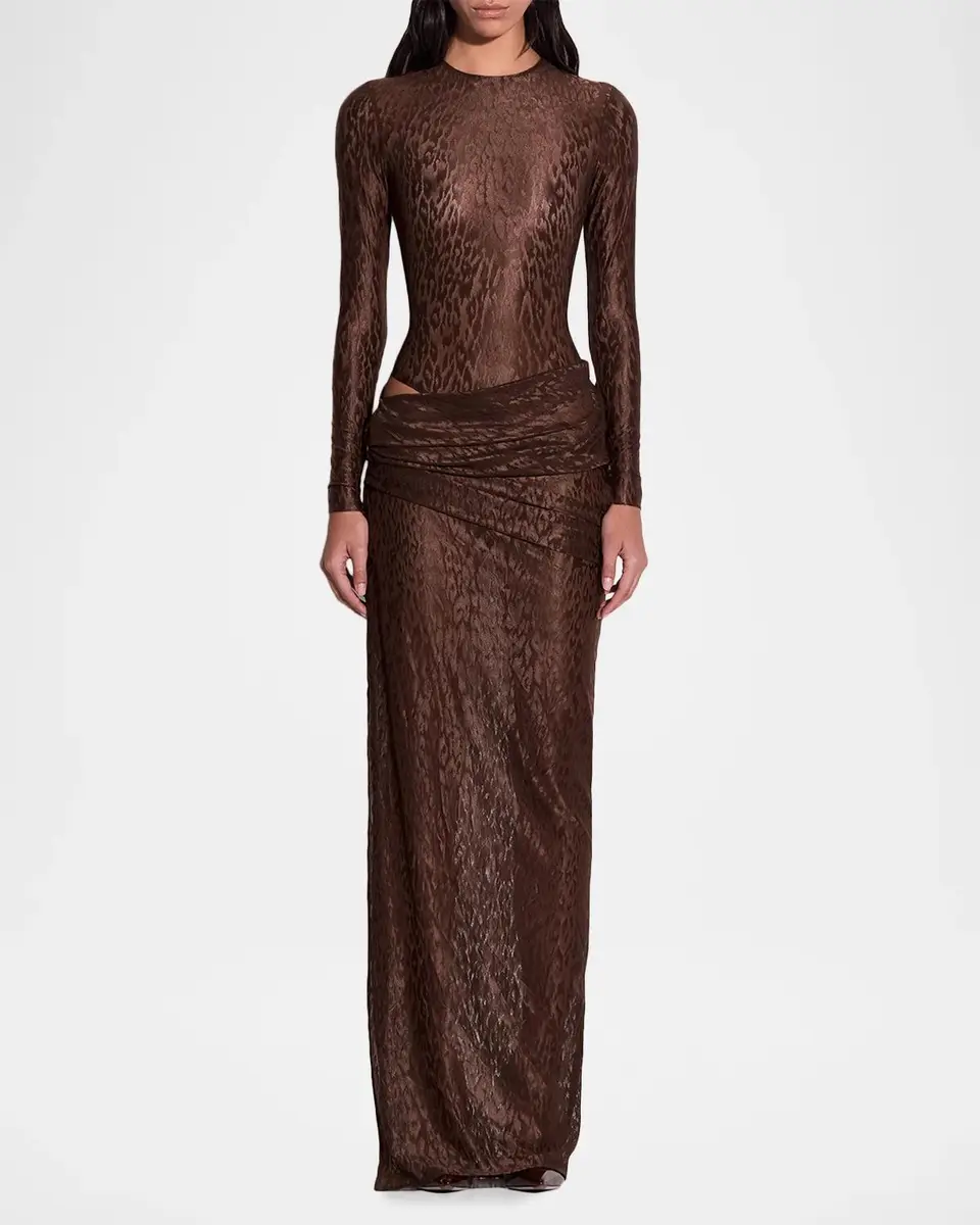 Alex Perry Asymmetric Draped Leopard Burnout Maxi Skirt | Thumbnail 2