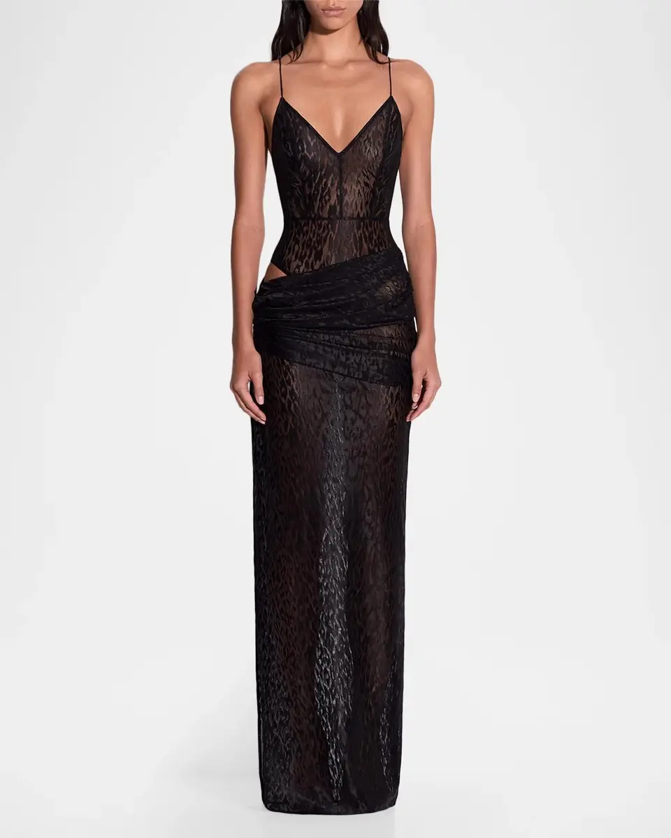 Alex Perry Leopard Burnout Asymmetric Draped Column Bikini Gown | Thumbnail 2