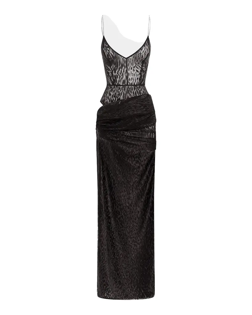 Alex Perry Leopard Burnout Asymmetric Draped Column Bikini Gown