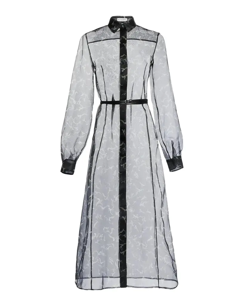 Judina Abstract-Print Silk Organza Belted Midi Shirtdress