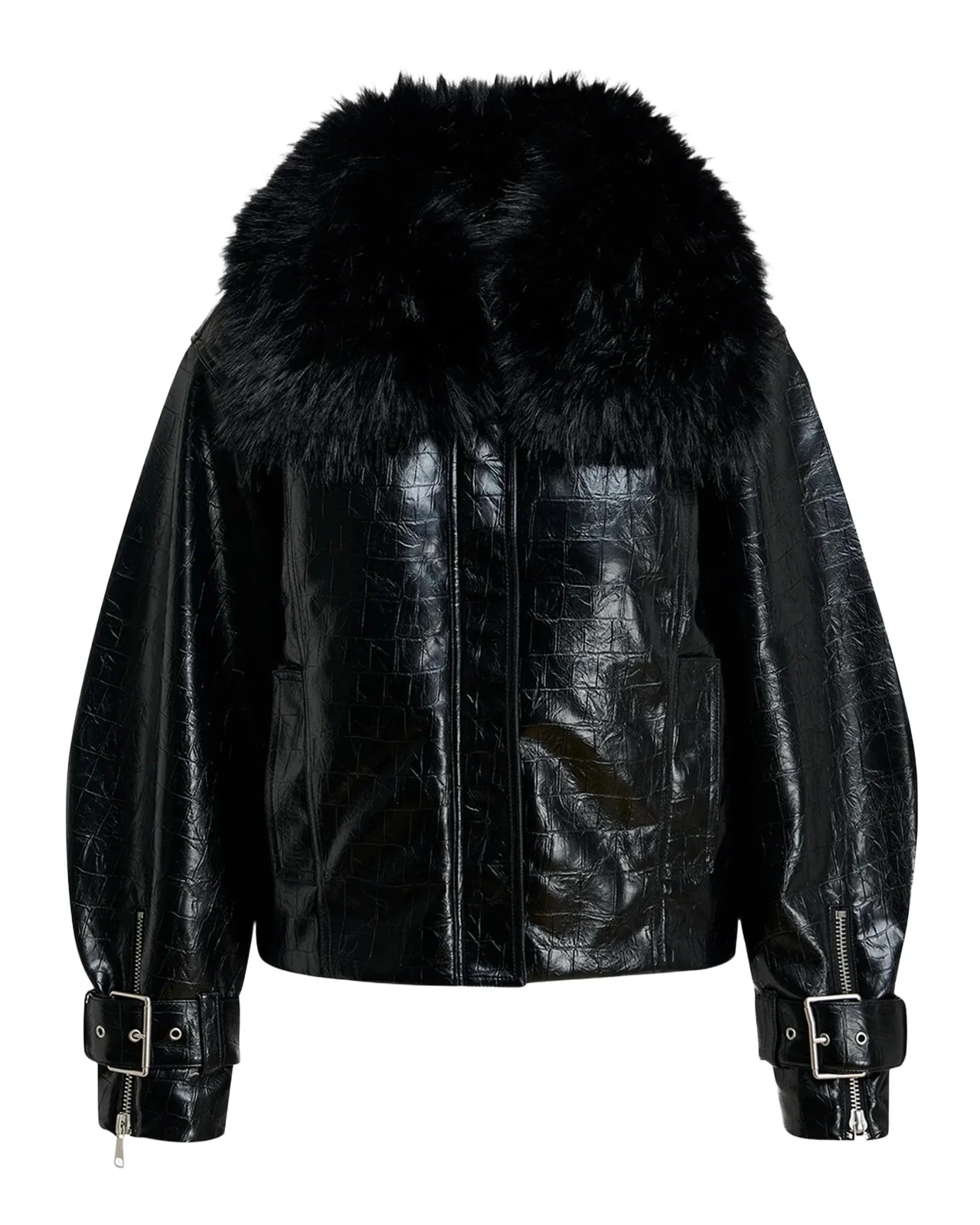 Essentiel Antwerp Kabuki Faux Leather Bomber Jacket with Faux-Fur Collar