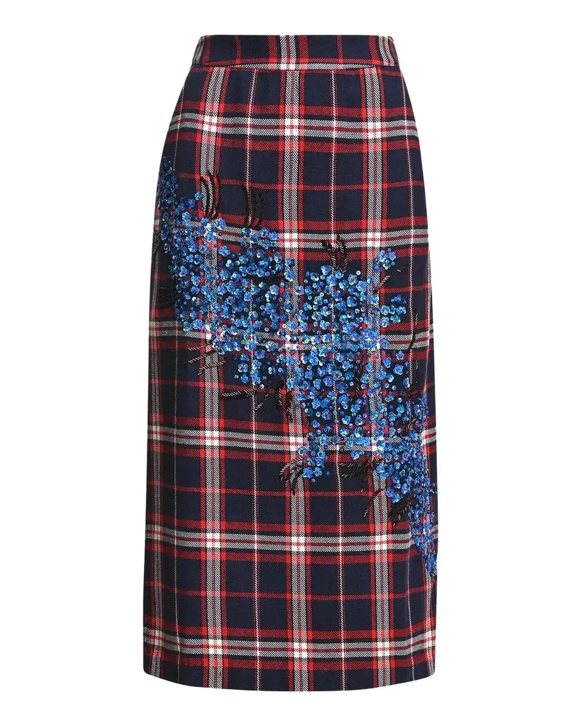 Kathee Embellished Plaid Midi Skirt