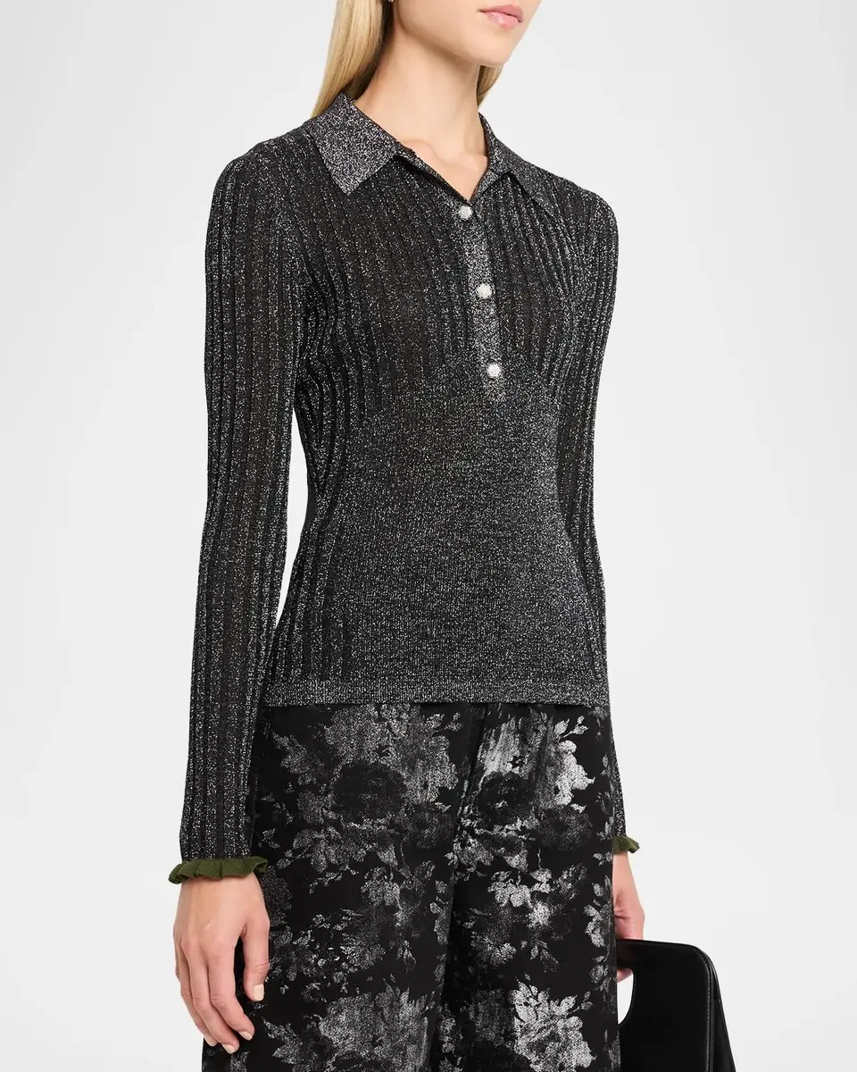 Essentiel Antwerp Karan Metallic Rib-Knit Polo Top | Thumbnail 4 Essentiel Antwerp Karan Metallic Rib-Knit Polo Top | Thumbnail 4