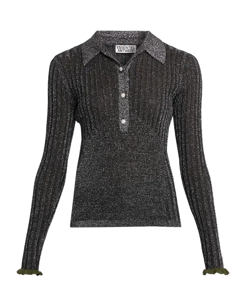 Karan Metallic Rib-Knit Polo Top