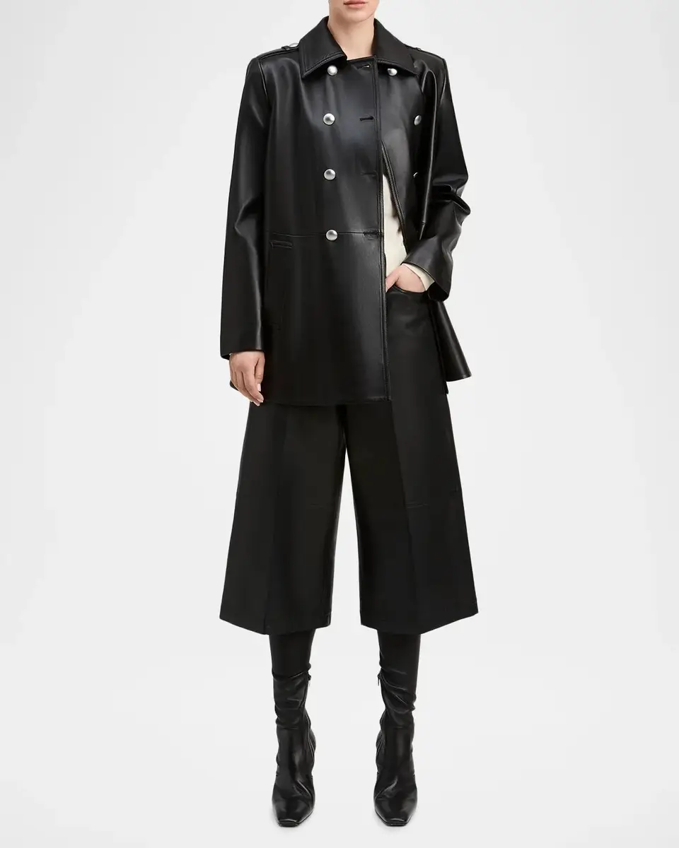 DEREK LAM 10 CROSBY Leather Double-Breasted Swing Coat | Thumbnail 2