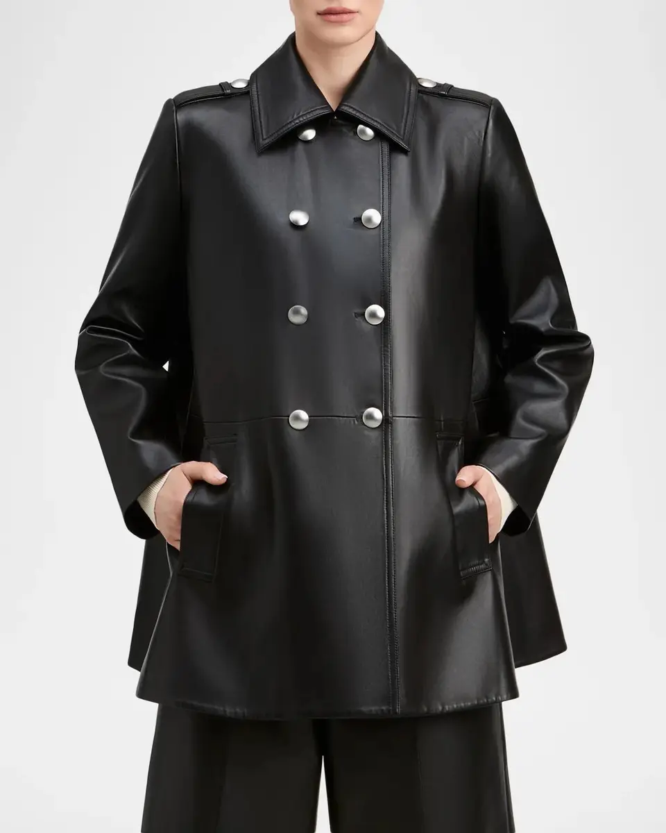 DEREK LAM 10 CROSBY Leather Double-Breasted Swing Coat | Thumbnail 4
