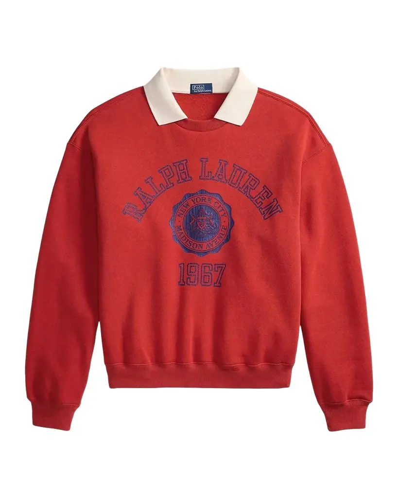 Crest Polo-Collar Fleece Crewneck Sweatshirt Crest Polo-Collar Fleece Crewneck Sweatshirt