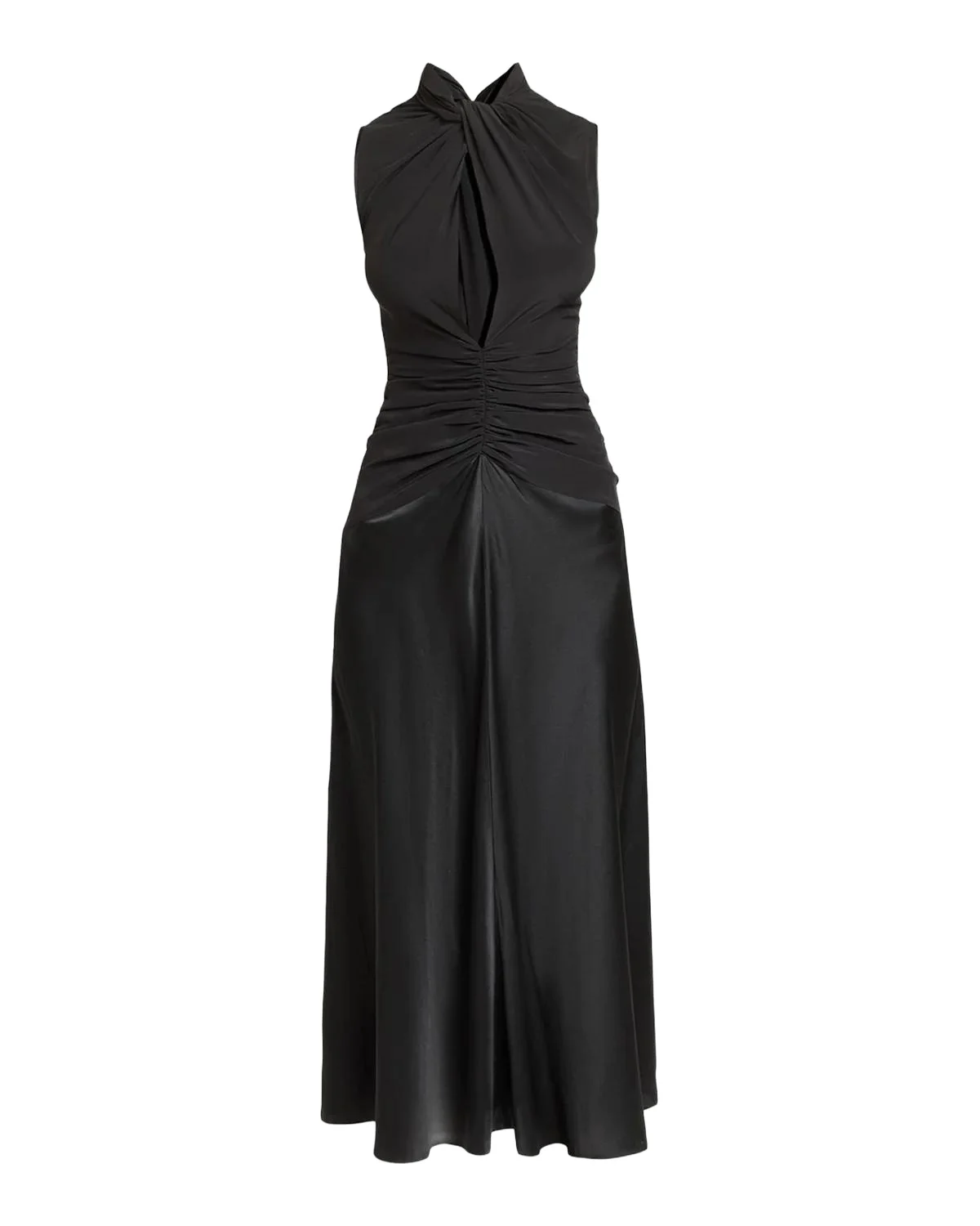 Delfi Sleeveless Ruched Keyhole Satin Midi Dress