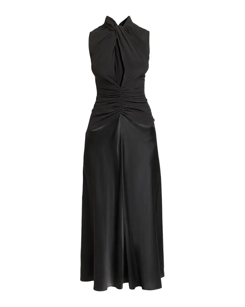 Delfi Sleeveless Ruched Keyhole Satin Midi Dress Delfi Sleeveless Ruched Keyhole Satin Midi Dress