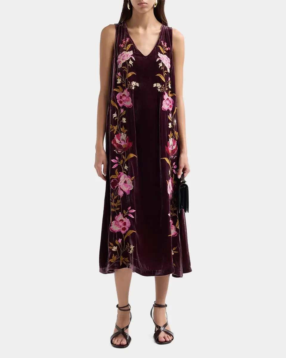 Johnny Was Floral-Embroidered Velvet Swing Midi Dress | Thumbnail 2 Johnny Was Floral-Embroidered Velvet Swing Midi Dress | Thumbnail 2