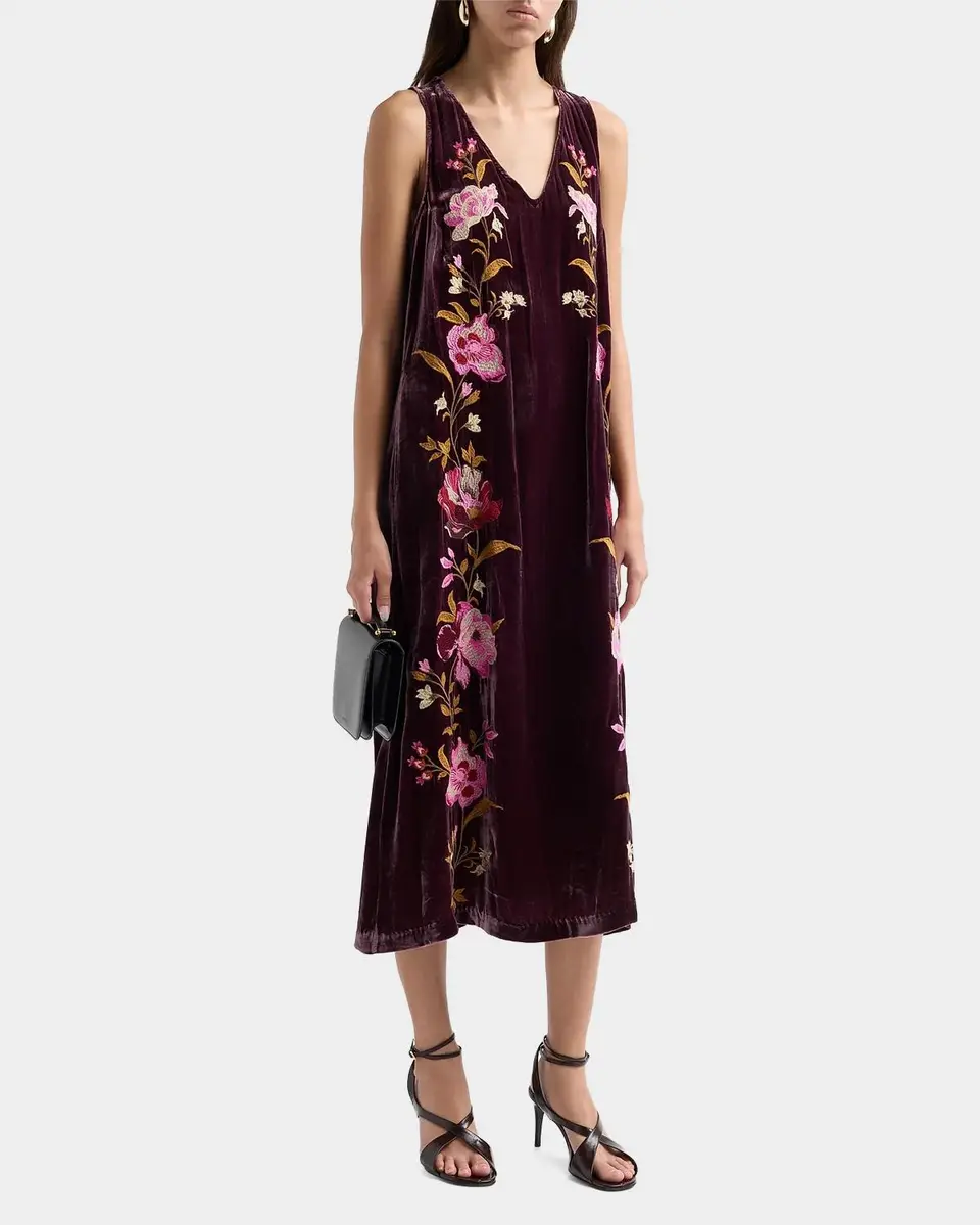 Johnny Was Floral-Embroidered Velvet Swing Midi Dress | Thumbnail 4 Johnny Was Floral-Embroidered Velvet Swing Midi Dress | Thumbnail 4