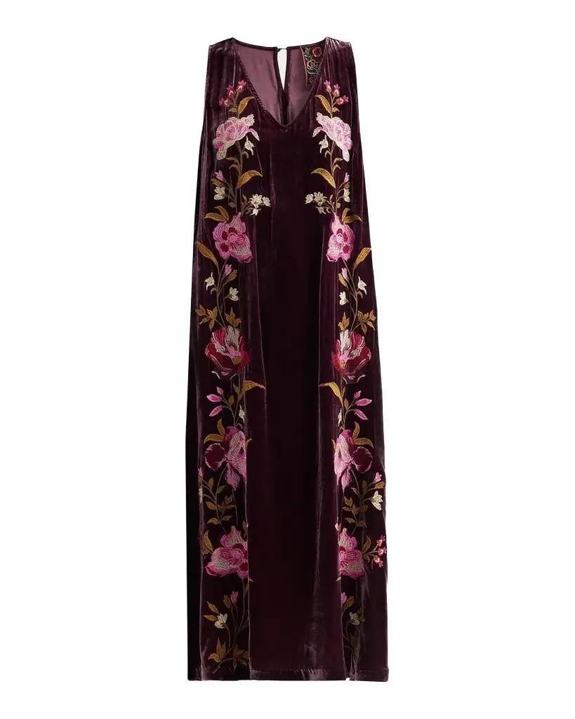 Johnny Was Floral-Embroidered Velvet Swing Midi Dress
