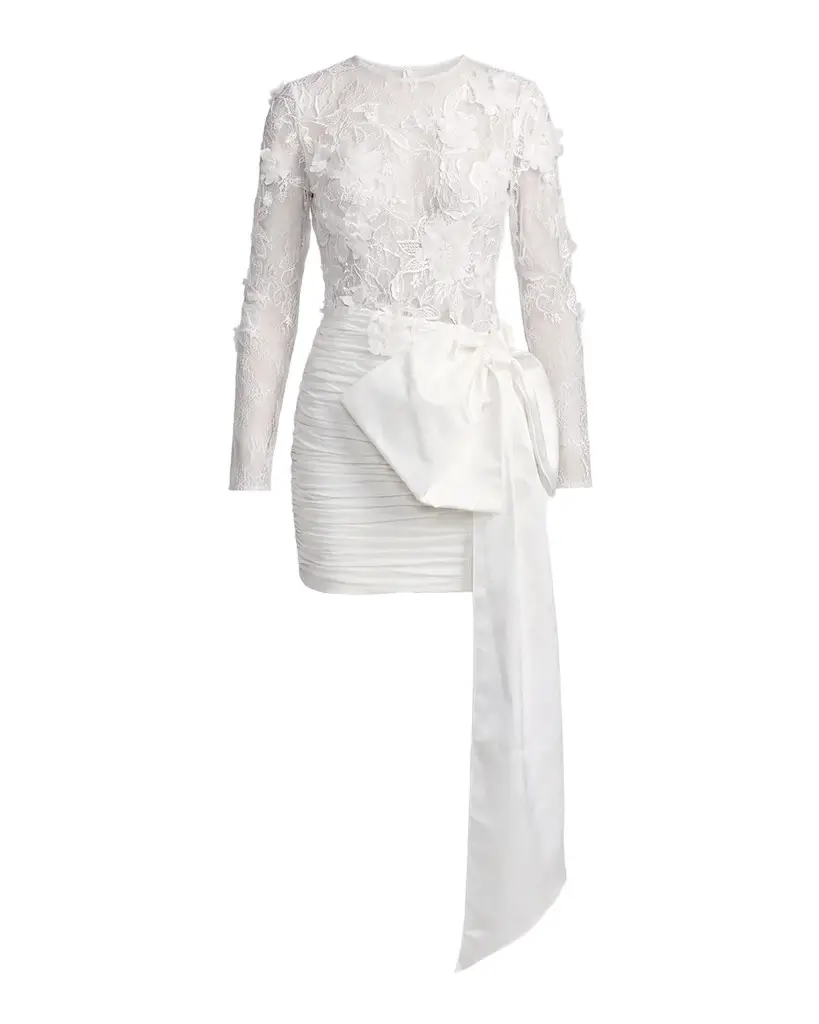 Mac Duggal Sheer Lace Bow-Waist Mini Dress