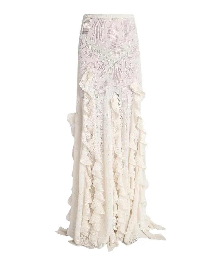 Garnet Silk-Wool Lace Knit Ruffled Maxi Skirt
