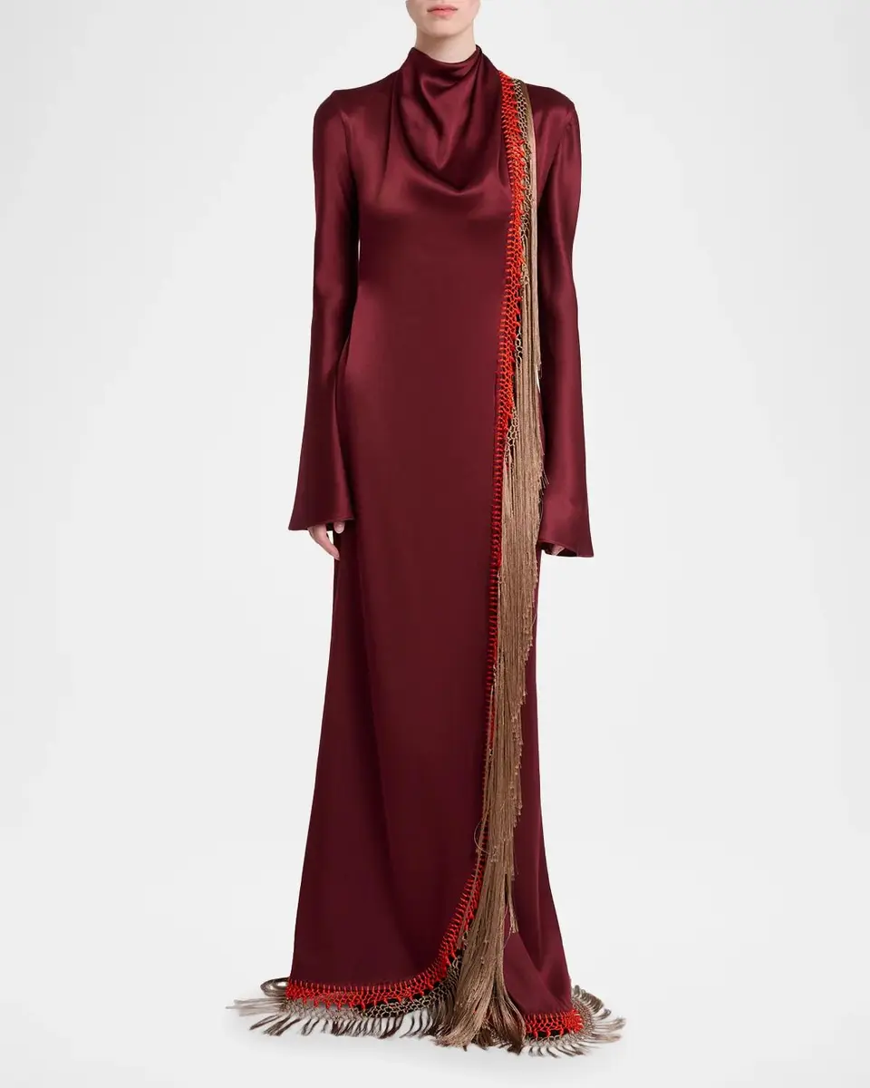 Gabriela Hearst Anne Macrame Fringed Silk Long-Sleeve Maxi Dress | Thumbnail 2 Gabriela Hearst Anne Macrame Fringed Silk Long-Sleeve Maxi Dress | Thumbnail 2
